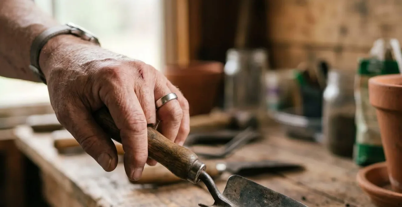 Alliance en platine patiné porté sur une main travaillant dans un environnement de bricolage naturel