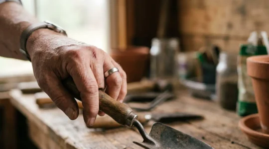 Alliance en platine patiné porté sur une main travaillant dans un environnement de bricolage naturel
