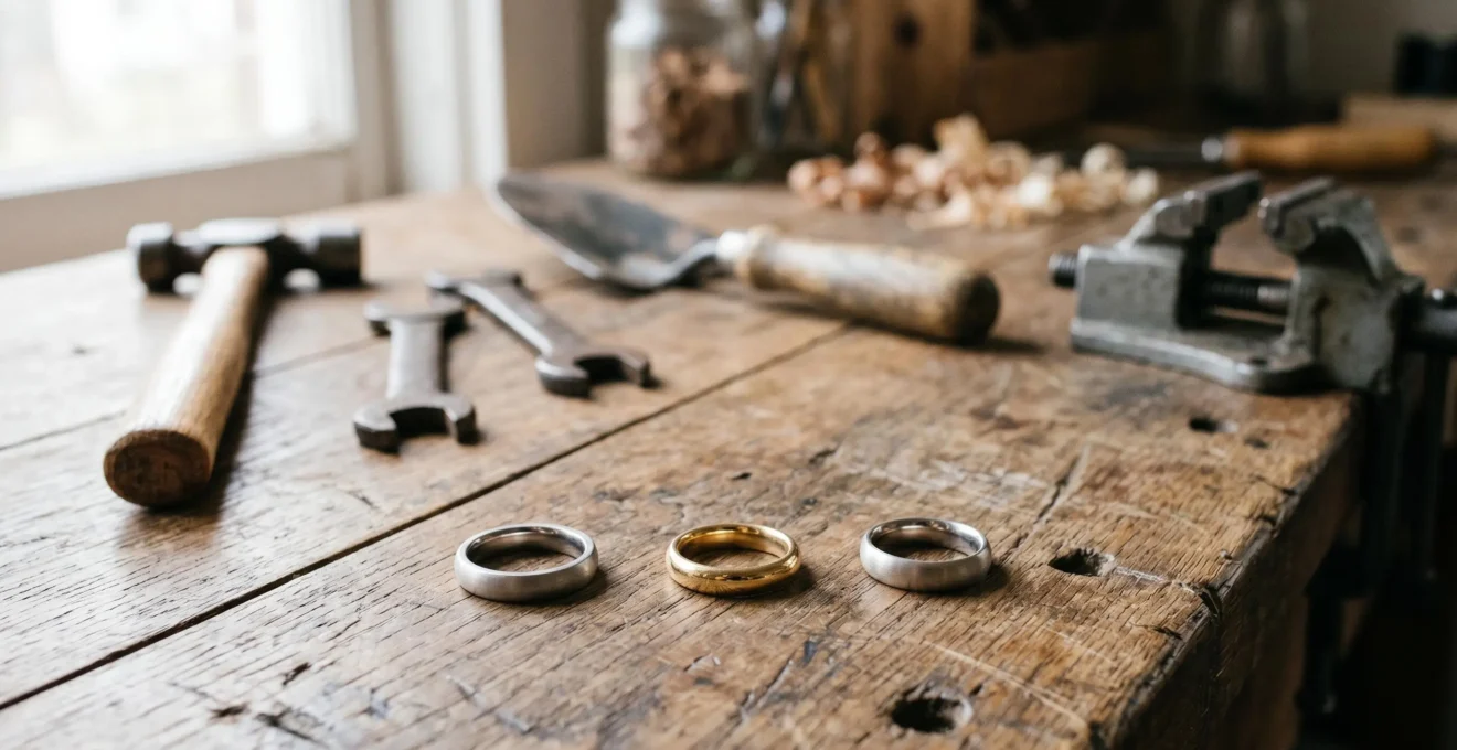 Gros plan sur des alliances en or, platine et palladium posees sur un etabli avec outils artisanaux et traces d'usure