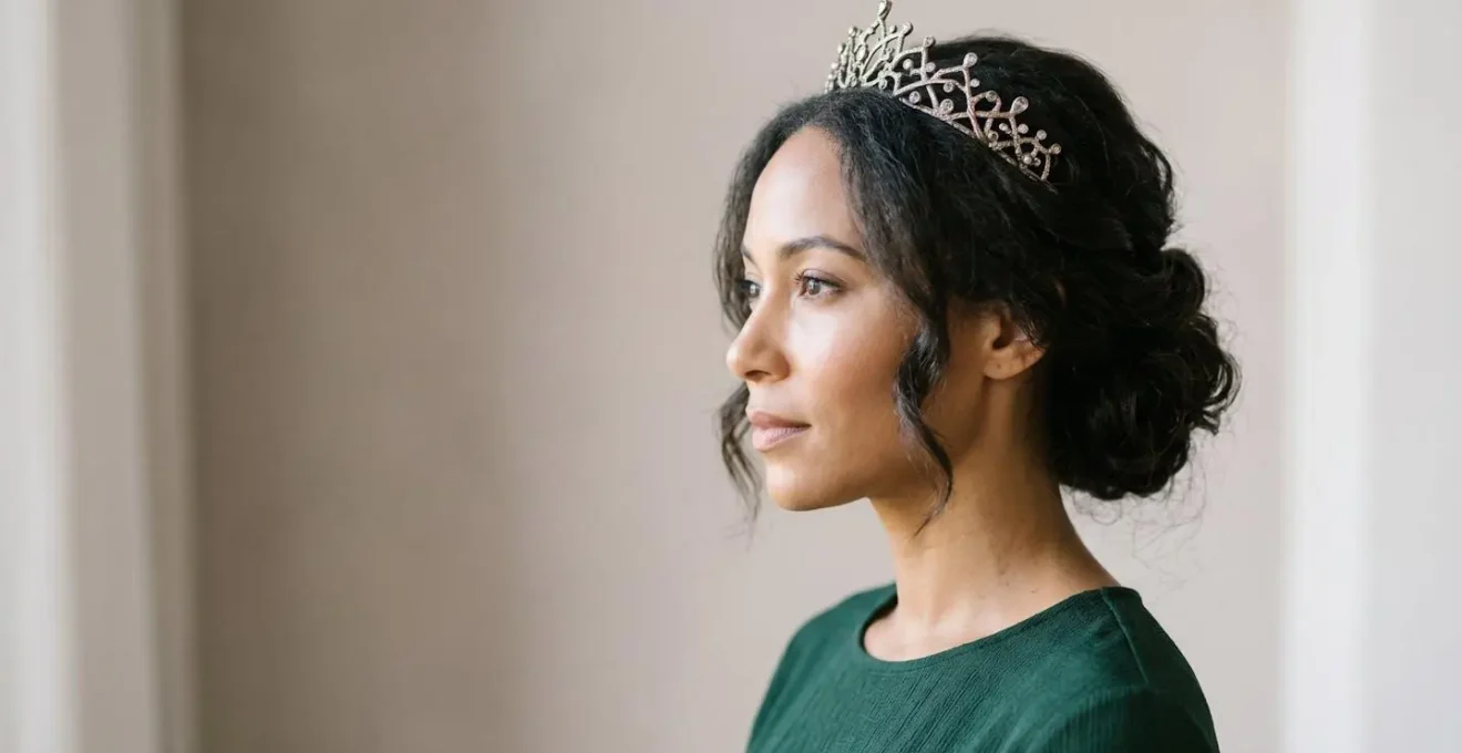Portrait élégant d'une femme de profil portant un diadème orné sur une coiffure sophistiquée, avec mise au point sur les détails du bijou de tête