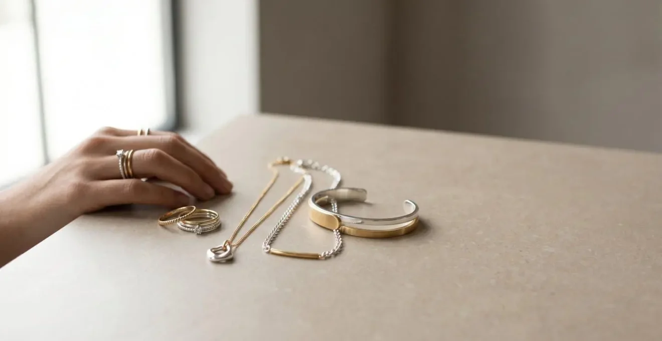 Composition élégante de bijoux bicolores associant or et argent sur fond minimaliste