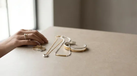 Composition élégante de bijoux bicolores associant or et argent sur fond minimaliste