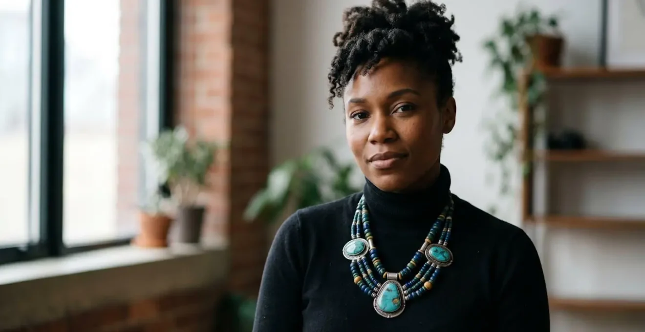 Femme portant un collier artisanal ethnique avec une tenue urbaine minimaliste