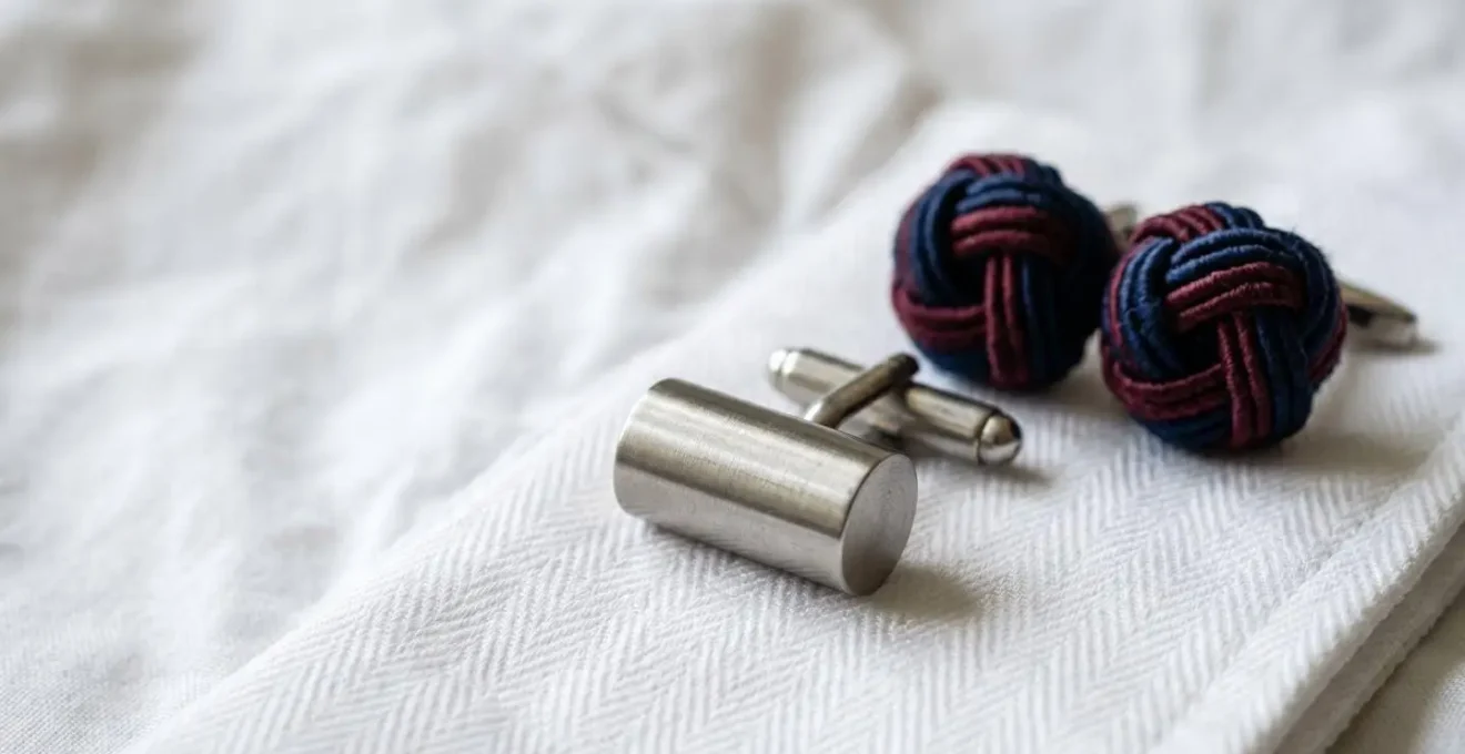 Gros plan sur des boutons de manchette élégants posés à côté d'une chemise formelle, évoquant le choix vestimentaire pour un entretien professionnel