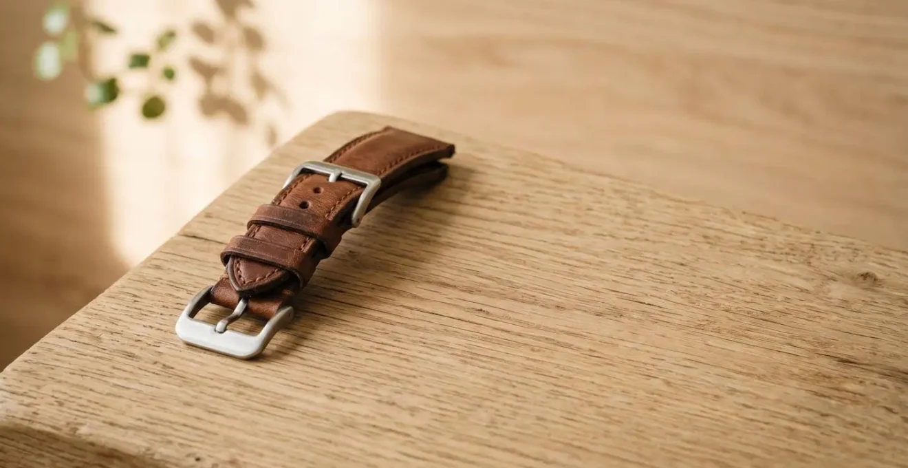 Bracelet en cuir marron reposant sur une surface minimaliste avec gouttes de transpiration, évoquant la problématique d'entretien estival
