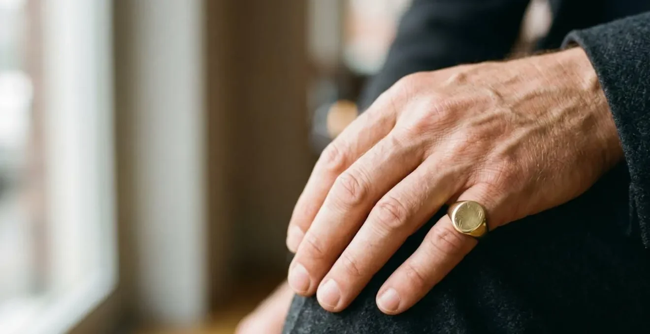 Gros plan d'une main masculine élégante portant une chevalière sur l'auriculaire, fond neutre