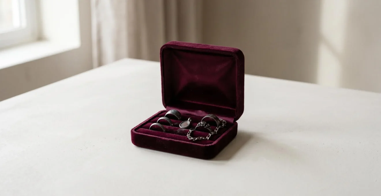 Coffret en velours ouvert avec bijoux en argent montrant la problématique de l'oxydation dans un environnement de stockage