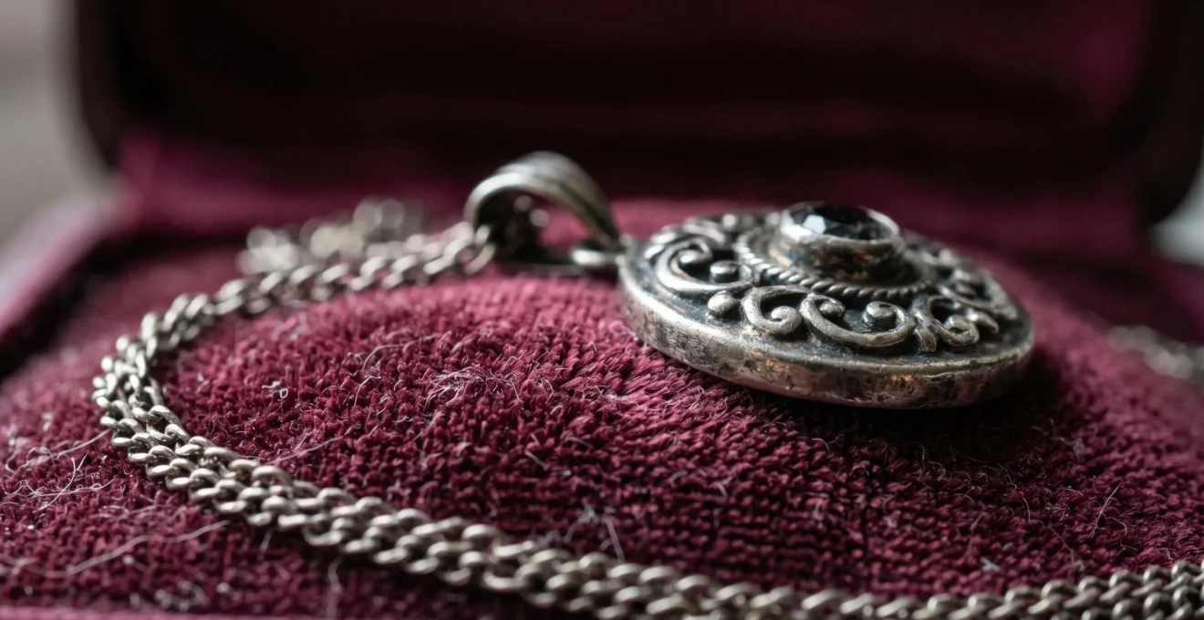 Gros plan sur un coffret à bijoux en velours ancien avec des bijoux en argent présentant des signes d'oxydation