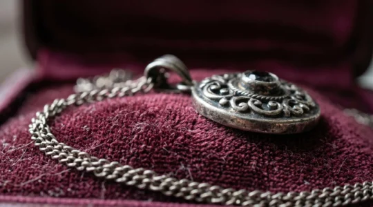 Gros plan sur un coffret à bijoux en velours ancien avec des bijoux en argent présentant des signes d'oxydation