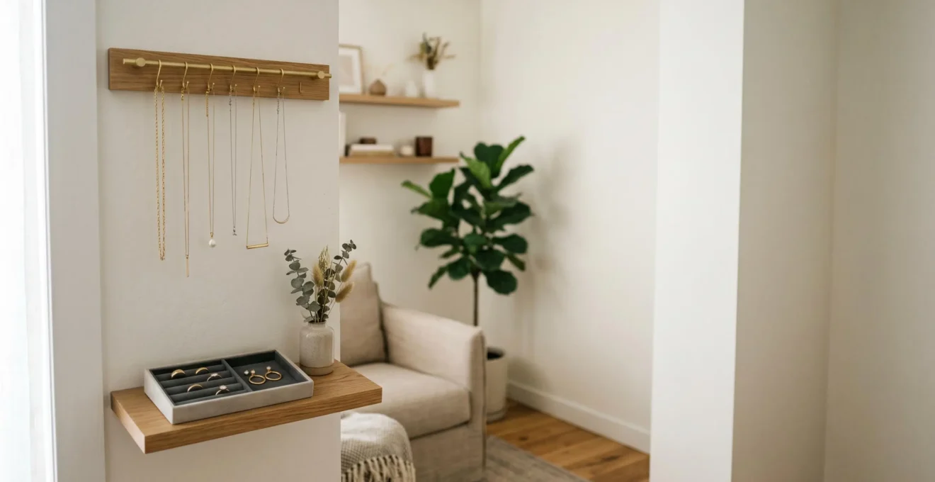 Collection de bijoux délicats organisés avec harmonie dans un espace compact et lumineux