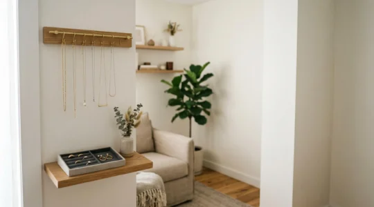 Collection de bijoux délicats organisés avec harmonie dans un espace compact et lumineux