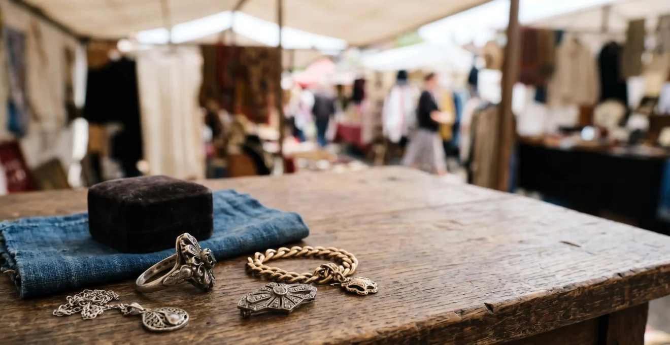 Gros plan sur des bijoux anciens disposes avec elegance sur une table de brocante, lumiere naturelle revelant les details des poincons