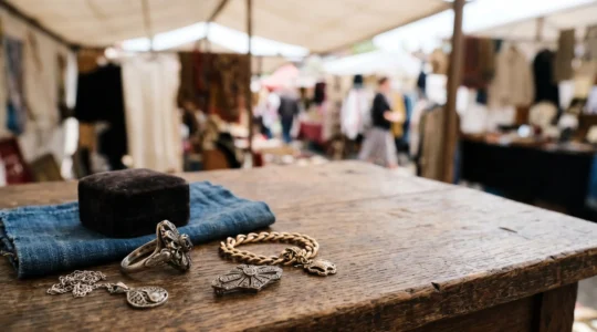 Gros plan sur des bijoux anciens disposes avec elegance sur une table de brocante, lumiere naturelle revelant les details des poincons