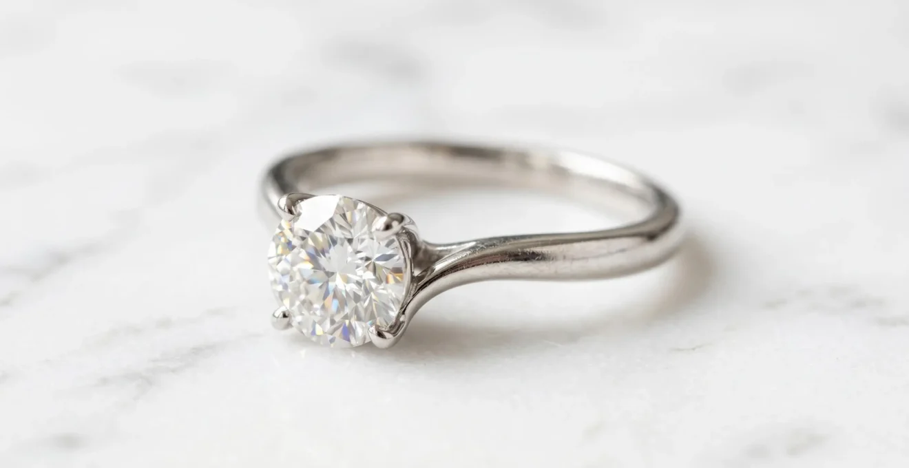 Bague solitaire en diamant sur fond epure mettant en valeur l'eclat et la taille de la pierre