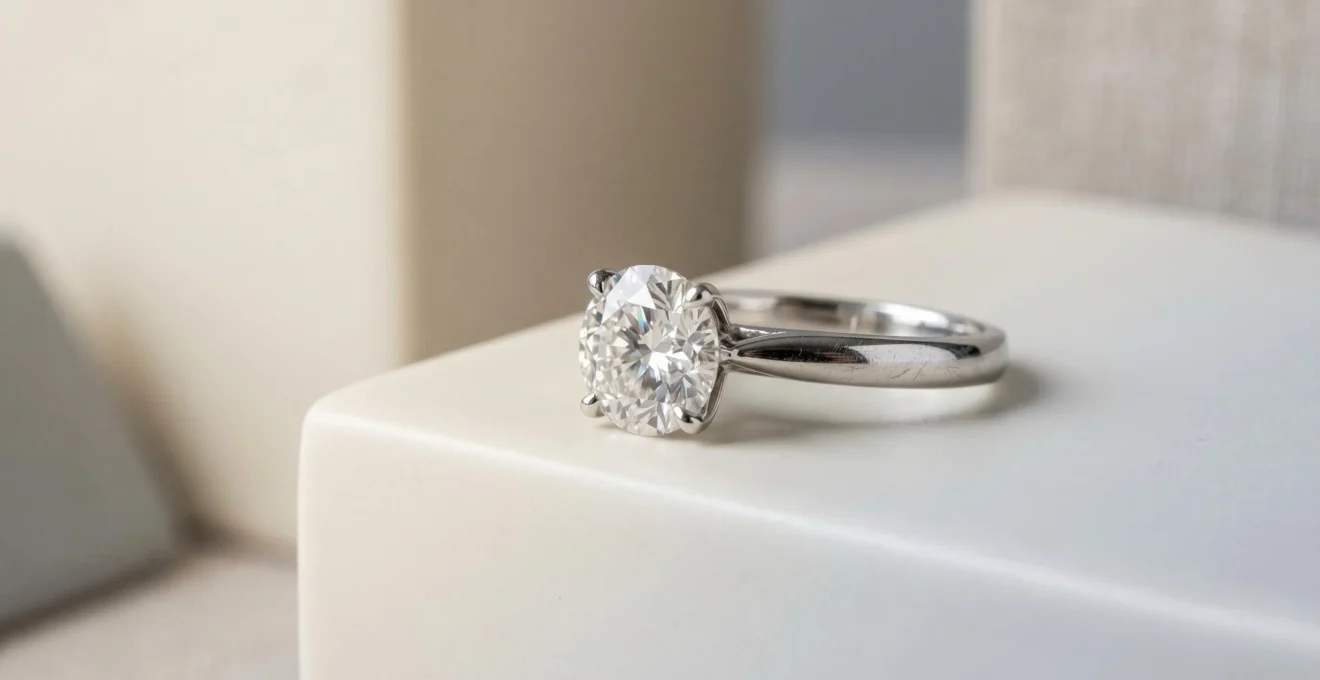 Bague solitaire en diamant avec serti griffes sur fond minimaliste, symbolisant l'élégance et le choix éclairé