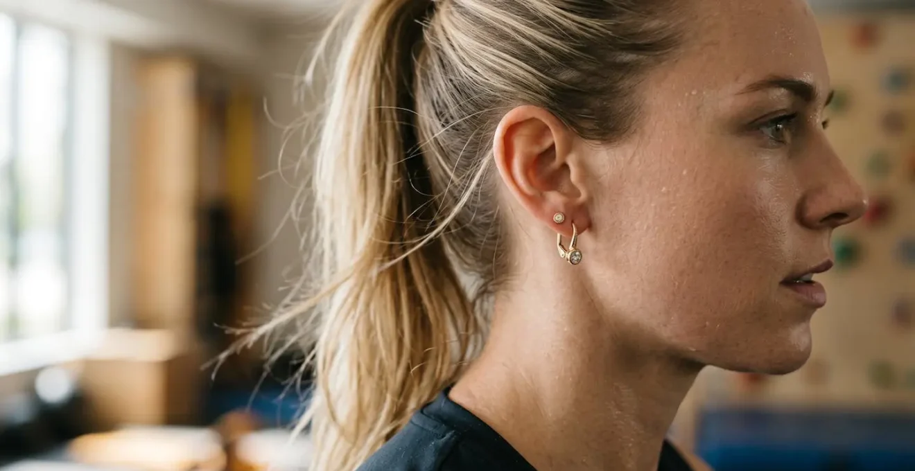 Gros plan sur des boucles d'oreilles dormeuses en or portées lors d'une activité sportive, montrant le mécanisme de fermeture sécurisé