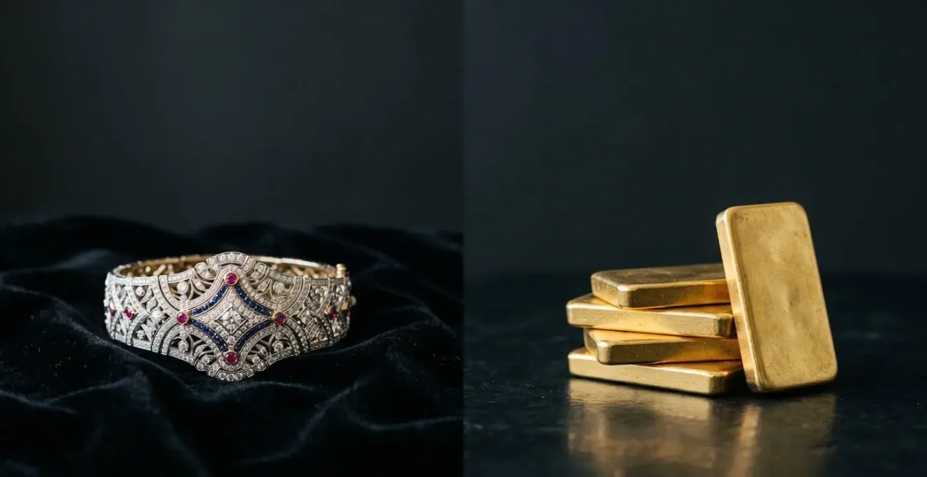 Comparaison visuelle entre bijoux de haute joaillerie et lingots d'or comme actifs d'investissement en période de crise économique