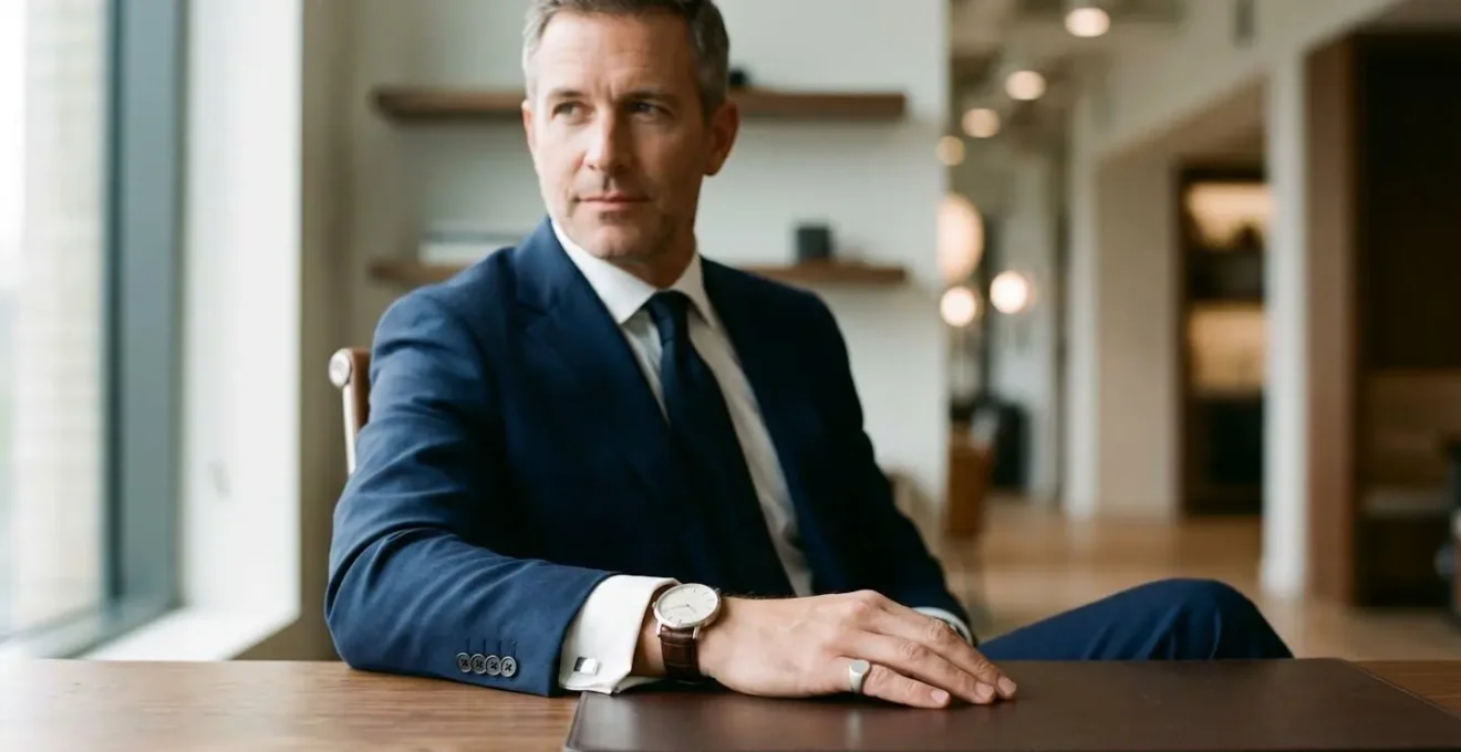 Professionnel masculin élégant portant des accessoires discrets au bureau, symbolisant la crédibilité et le raffinement