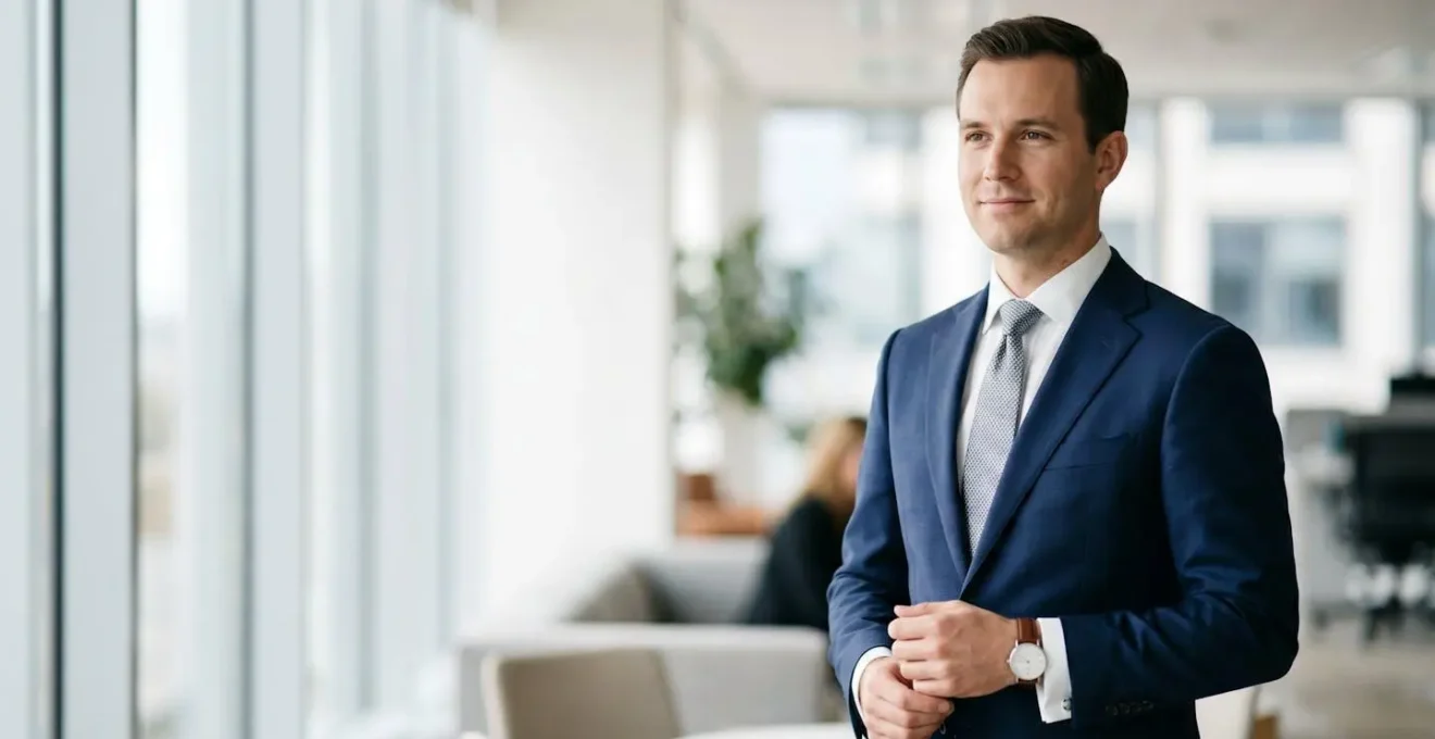 Professionnel masculin portant des accessoires élégants et discrets dans un environnement de bureau moderne