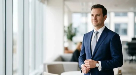 Professionnel masculin portant des accessoires élégants et discrets dans un environnement de bureau moderne