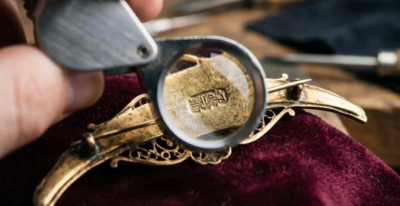 Inspection minutieuse d'un poinçon sur un bijou ancien à la loupe pour vérifier son authenticité