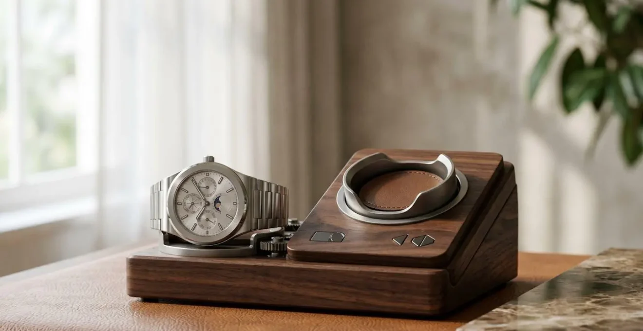 Montre automatique à calendrier perpétuel posée sur un remontoir motorisé en bois noble dans un environnement élégant