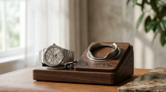 Montre automatique à calendrier perpétuel posée sur un remontoir motorisé en bois noble dans un environnement élégant