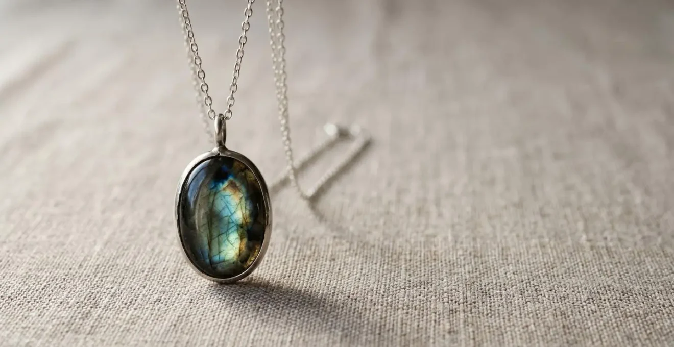 Pendentif avec pierre naturelle posé délicatement sur une surface minimaliste, évoquant l'ancrage d'intentions personnelles