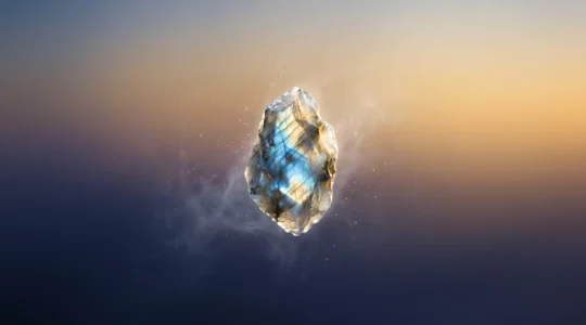 Pendentif en pierre naturelle porté près du chakra du cœur dans une ambiance spirituelle et lumineuse