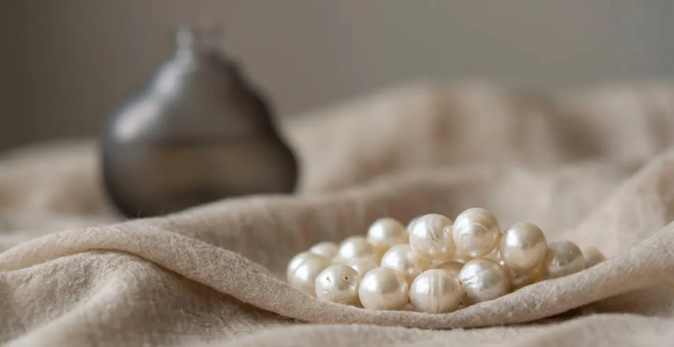 Gros plan artistique de perles de culture nacrées avec reflets naturels et flacon de parfum en arrière-plan flou