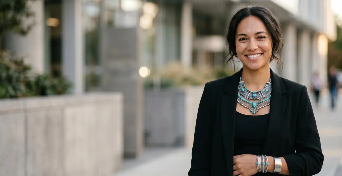 Femme moderne portant des bijoux ethniques en argent avec élégance dans un environnement urbain contemporain