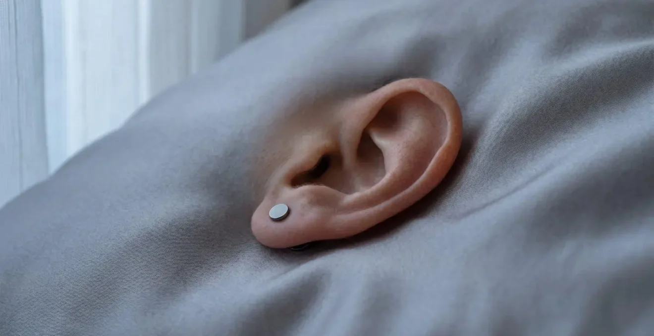 Gros plan sur une oreille avec une puce d'oreille minimaliste en titane sur un oreiller de soie, ambiance nocturne apaisante
