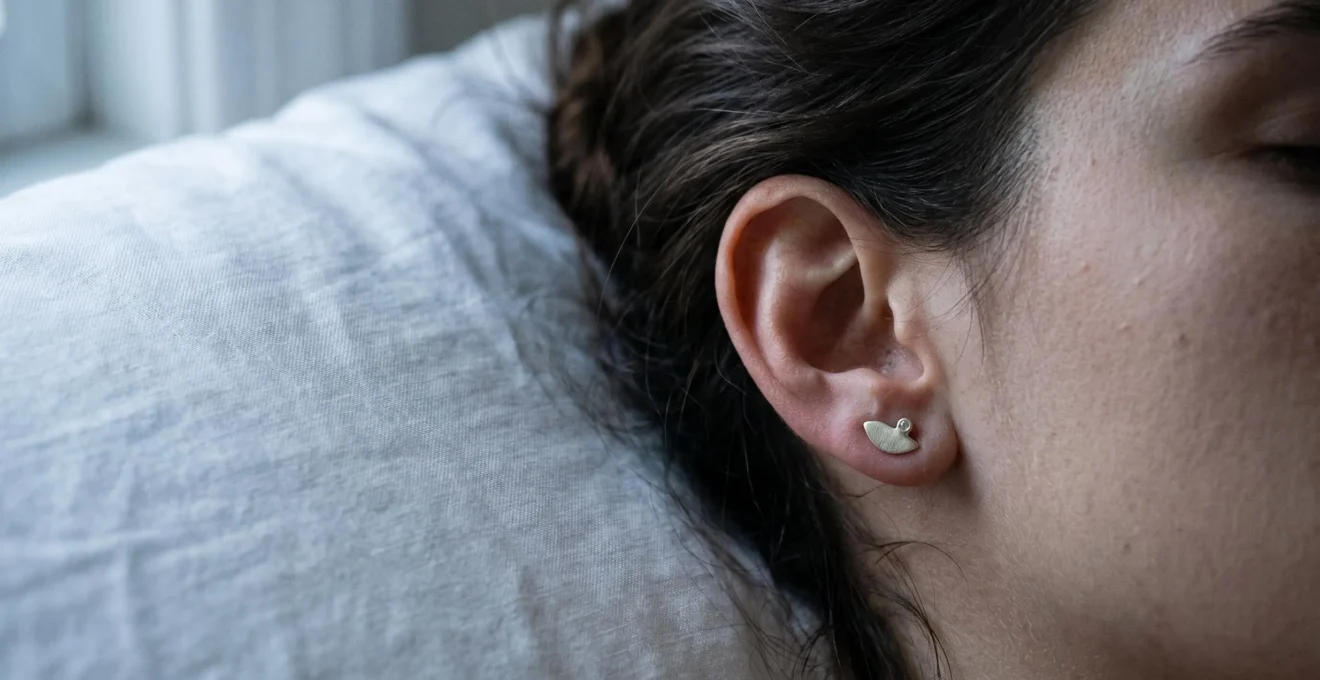 Gros plan sur une oreille féminine au repos sur un oreiller blanc immaculé la nuit, montrant une puce d'oreille discrète sans inconfort visible