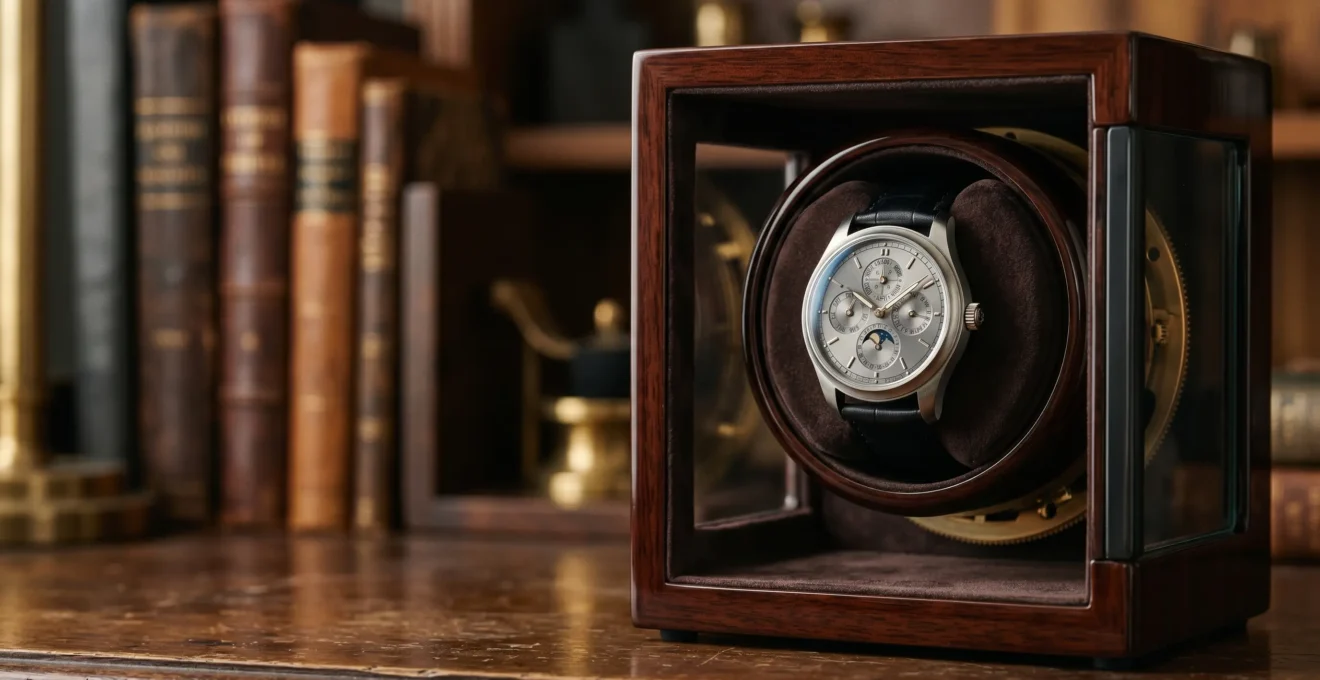 Remontoir de montre automatique en rotation avec mécanisme visible et complication calendrier perpétuel