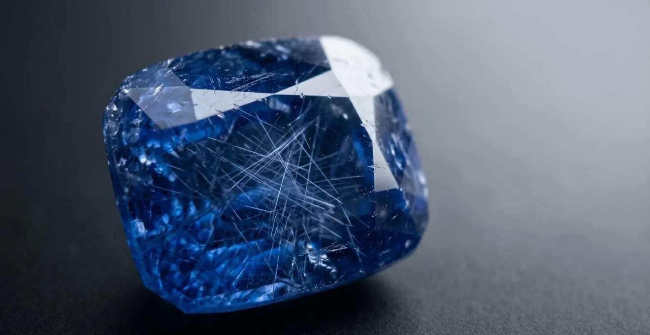 Gros plan sur un saphir bleu naturel révélant des inclusions cristallines caractéristiques
