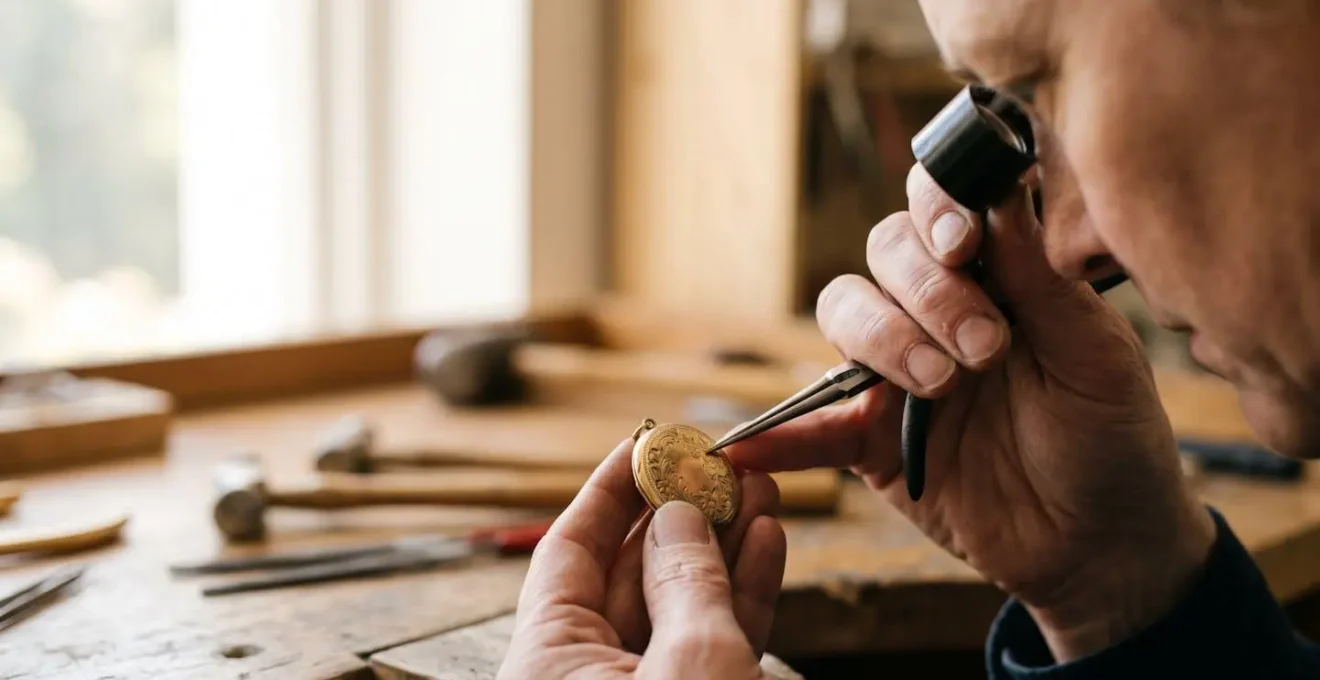 Gros plan sur des mains d'artisan travaillant un bijou en or ancien avec des outils de joaillerie précis, lumière naturelle douce, atelier artisanal