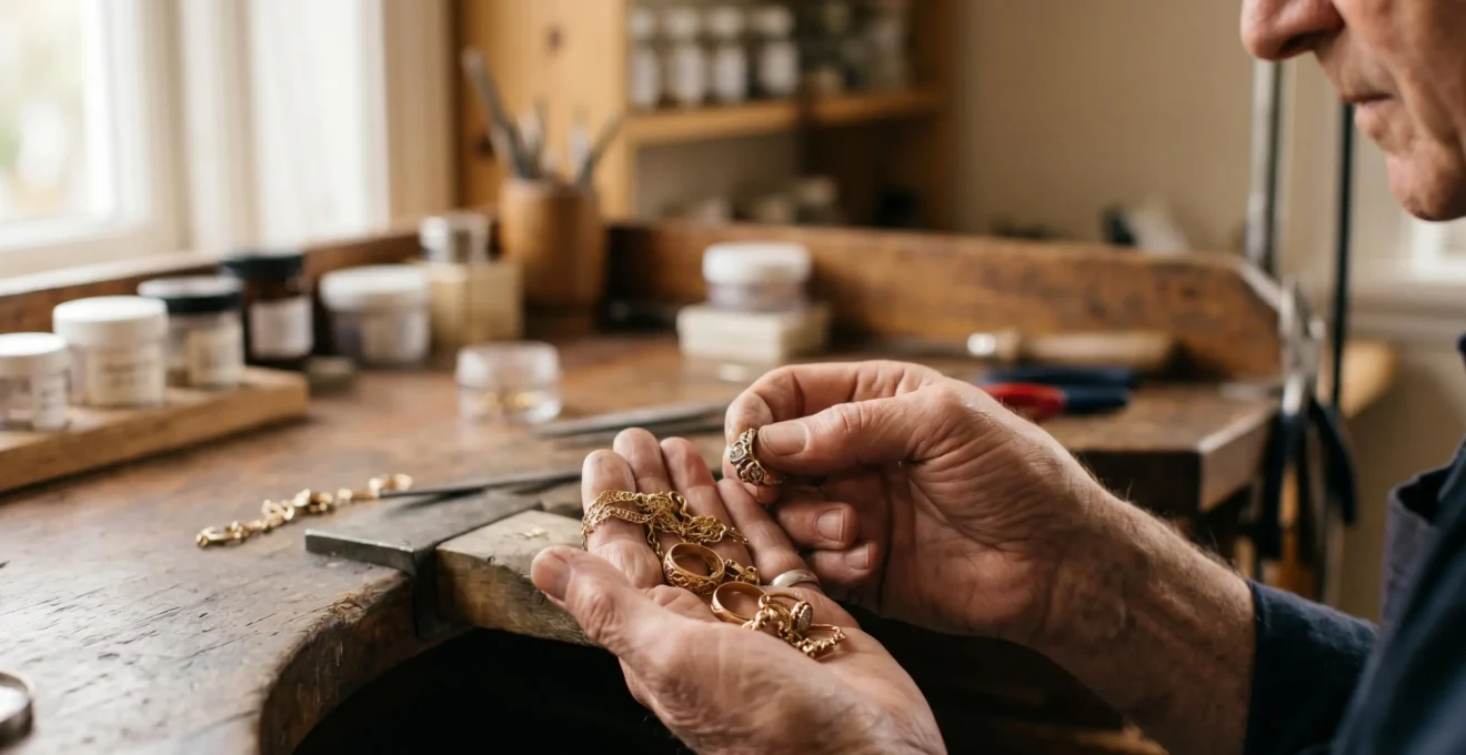 Mains d'artisan bijoutier manipulant avec précision des bijoux en or ancien lors d'une transformation sur-mesure
