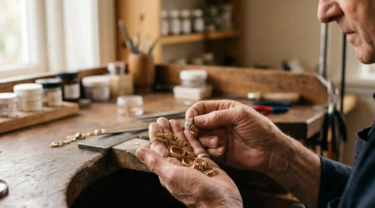 Mains d'artisan bijoutier manipulant avec précision des bijoux en or ancien lors d'une transformation sur-mesure