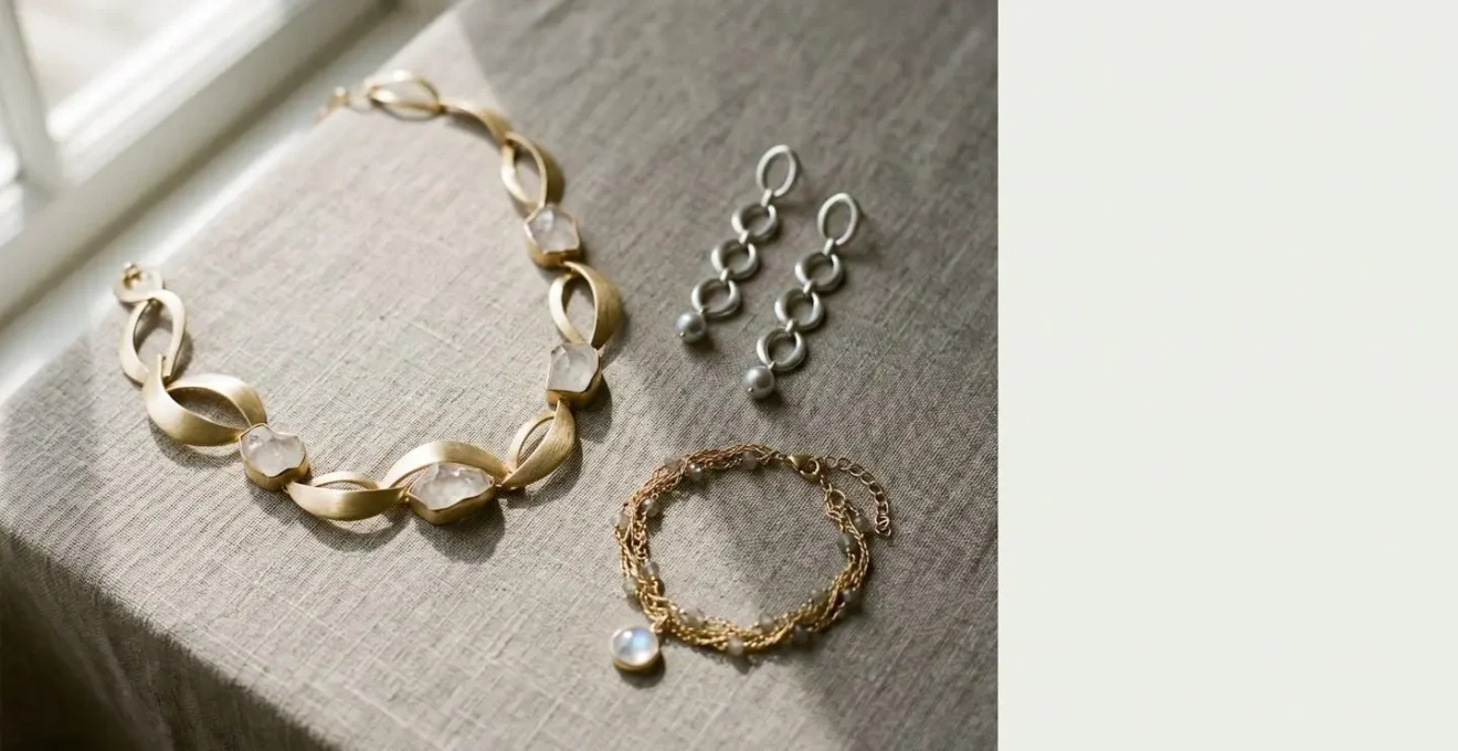 Mise en scène élégante de trois bijoux essentiels disposés sur un fond épuré avec espace négatif, composition magazine-grade