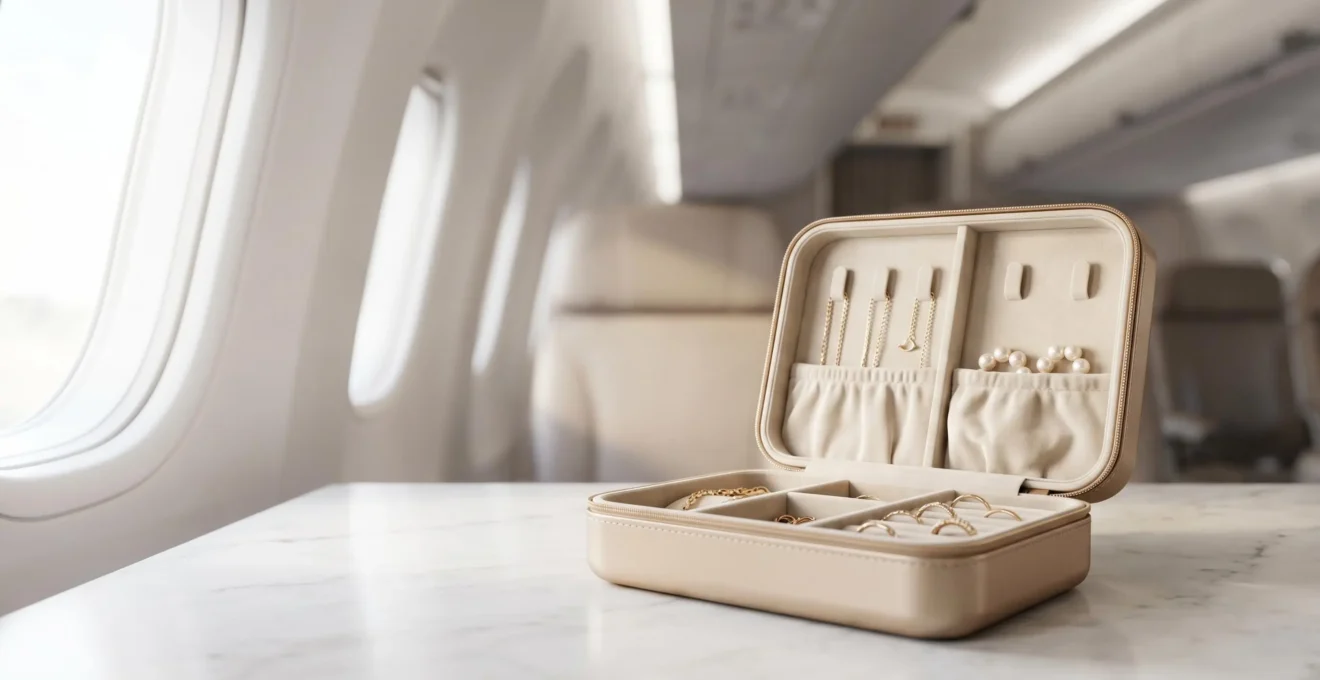 Organisation méticuleuse de bijoux précieux dans un étui de voyage compact pour bagage cabine