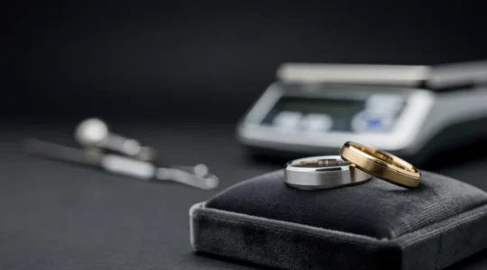 Deux alliances de mariage, une en platine et une en or, posées côte à côte sur un écrin de velours sombre illustrant leur différence de valeur