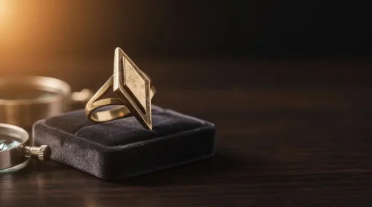 Bague ancienne de style Art Déco posée sur une table de bijoutier avec une loupe, évoquant l'expertise et l'authentification
