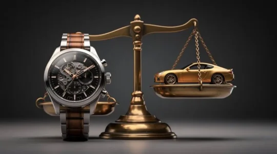 Montre de luxe posée en équilibre sur une balance ancienne face à la silhouette d'une petite voiture, symbolisant le coût comparable de la révision horlogère