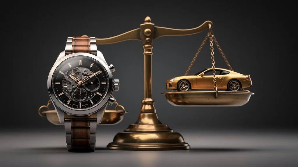 Montre de luxe posée en équilibre sur une balance ancienne face à la silhouette d'une petite voiture, symbolisant le coût comparable de la révision horlogère