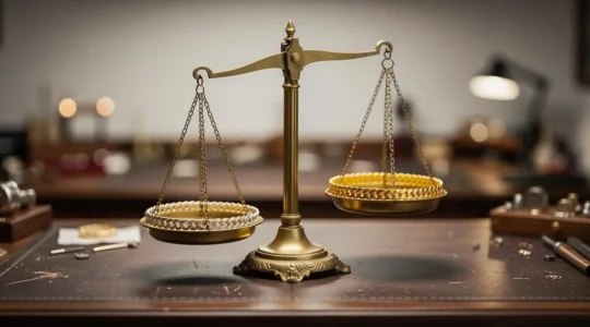 Deux bijoux en or de teintes différentes posés en équilibre sur une balance ancienne, symbolisant le choix entre prix d'achat et valeur à long terme