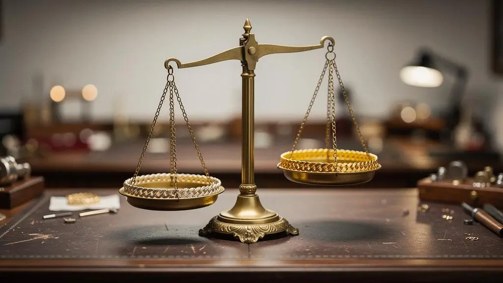Deux bijoux en or de teintes différentes posés en équilibre sur une balance ancienne, symbolisant le choix entre prix d'achat et valeur à long terme