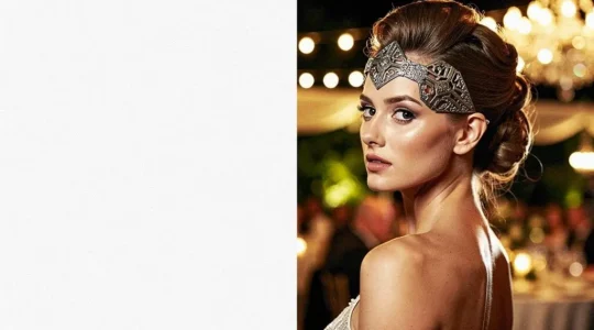 Femme élégante portant un bijou de tête scintillant fixé sur une coiffure sophistiquée lors d'une soirée