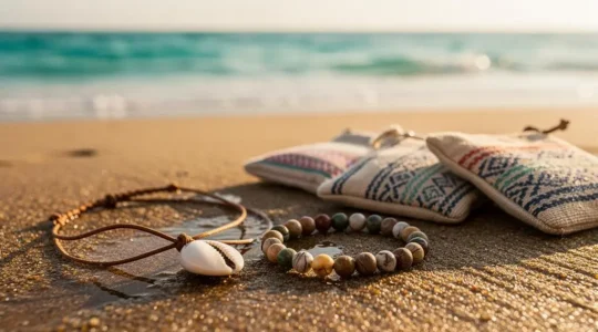Bijoux bohèmes en pierres naturelles et coquillages poses sur une peau bronzee pres de l'ocean, illustrant la resistance des materiaux a la plage