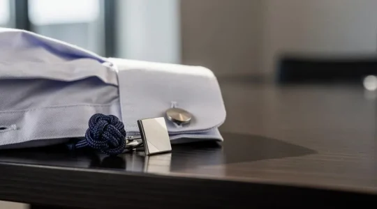 Deux boutons de manchette poses cote a cote sur un poignet de chemise, l'un en passementerie textile, l'autre en metal poli, symbolisant un choix stylistique avant un entretien d'embauche