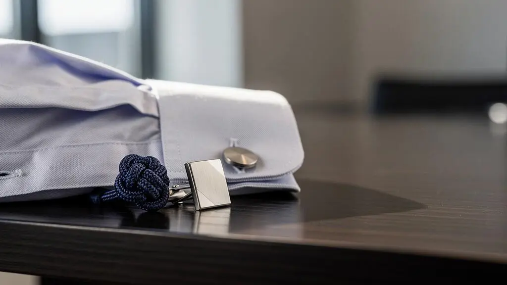 Deux boutons de manchette poses cote a cote sur un poignet de chemise, l'un en passementerie textile, l'autre en metal poli, symbolisant un choix stylistique avant un entretien d'embauche